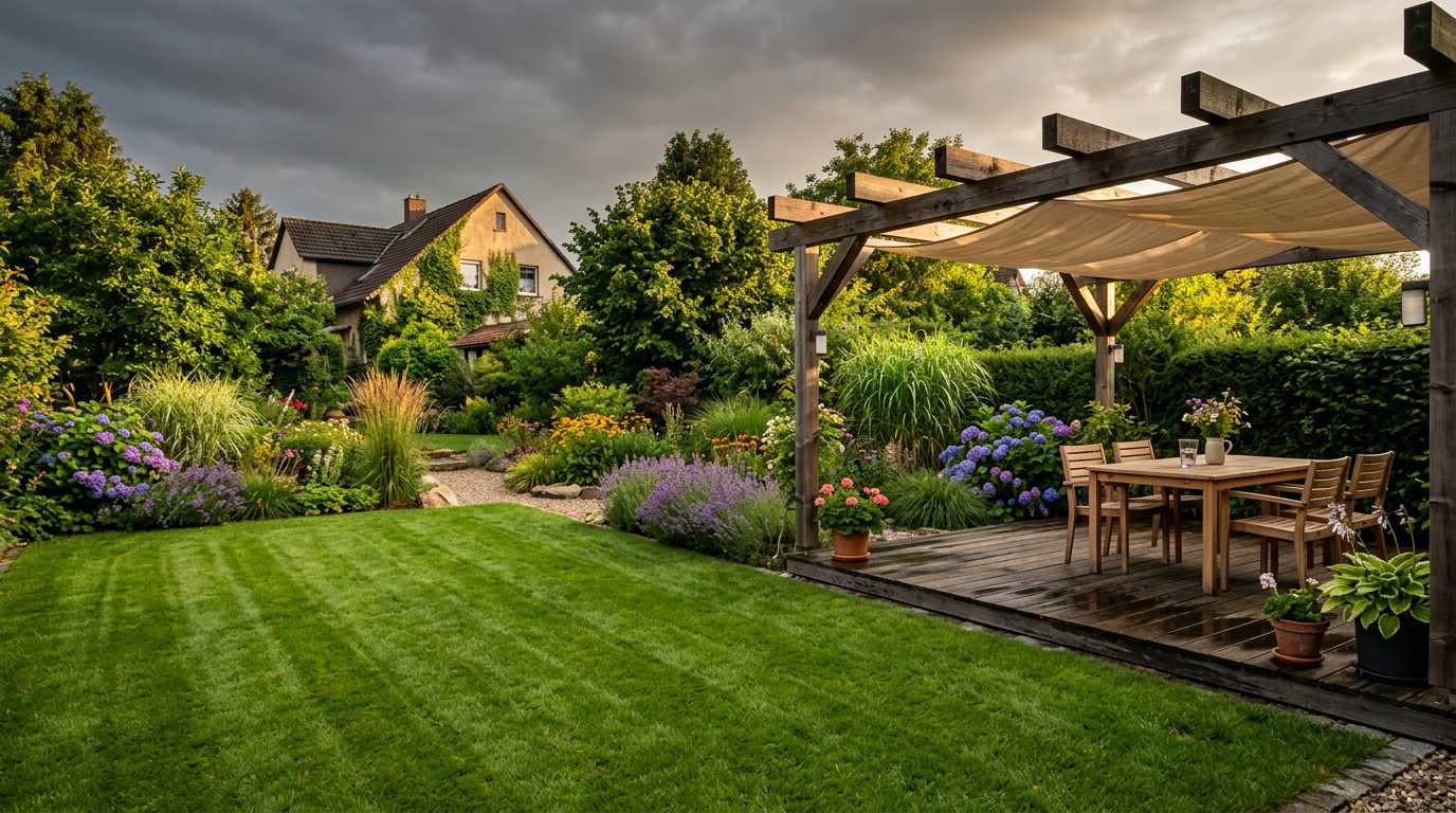 Gepflegter Garten mit Pergola im Abendlicht (Symbolbild)