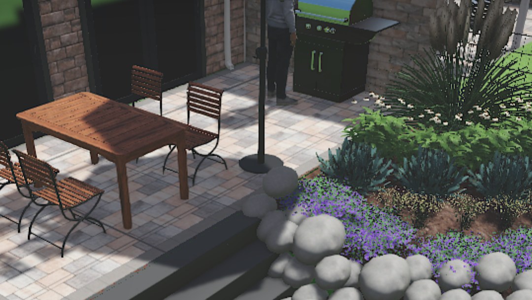 3D-Planung einer Terrasse mit Staudenbeet – Gartenplanung von Meistergärtner Meiser