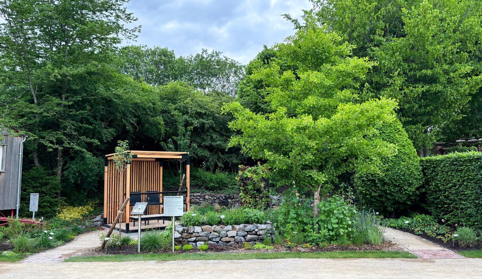 Terrasse mit Sichtschutzwand aus Holz und Staudenbepflanzung, Privatgarten im Raum Oldenburg