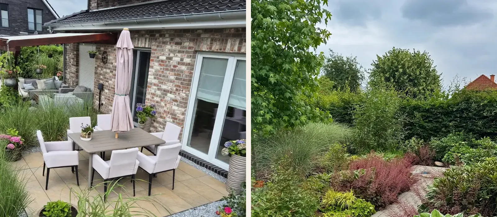 Zwei Referenzen von Meistergärtner Meiser: links eine Terrasse mit Sitzgruppe und Gräserbeet, rechts ein blühender Vorgarten mit gepflastertem Weg