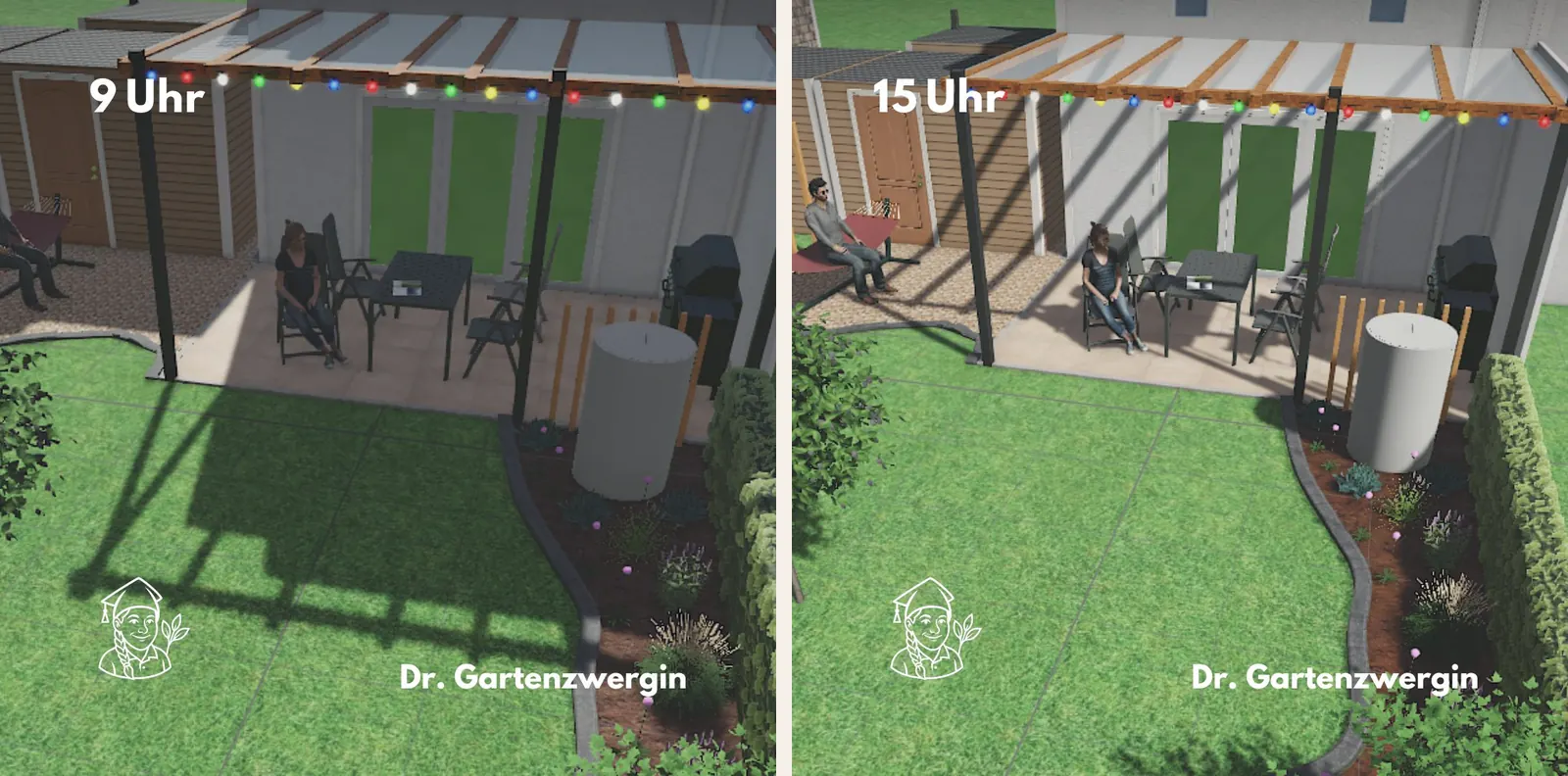 Zwei Ansichten derselben 3D-Gartenplanung mit Pergola und Terrasse: links um 9 Uhr, rechts um 15 Uhr, mit unterschiedlichem Schattenwurf
